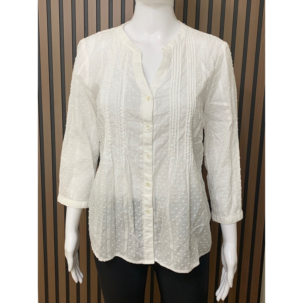 Talbots Petites White Swiss Dot 100 %Cotton Pintuck Blouse 3/4 Sleeve MP